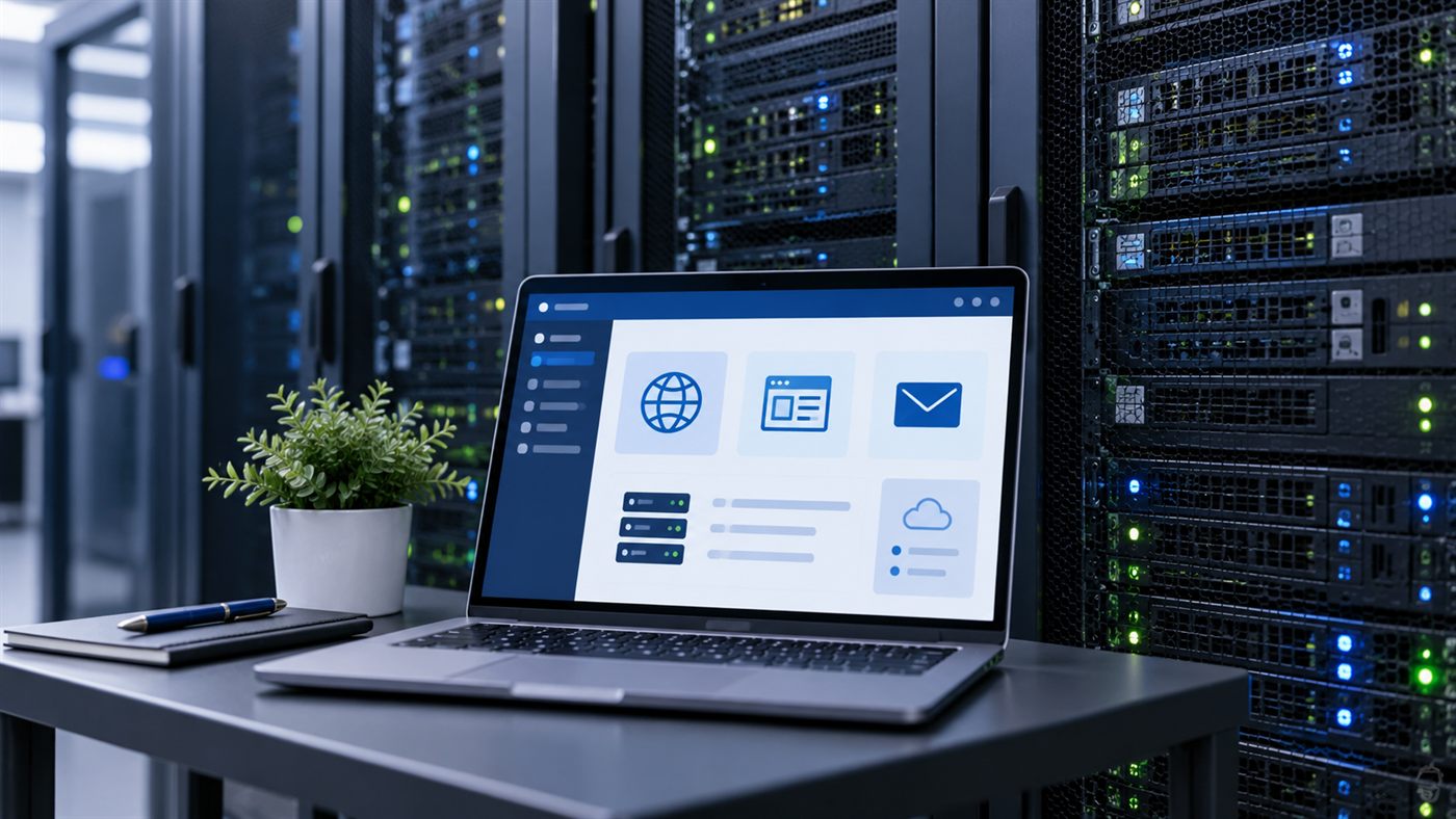 Symbolbild: Serverracks und Notebook zur Verwaltung von Webhosting und Domains